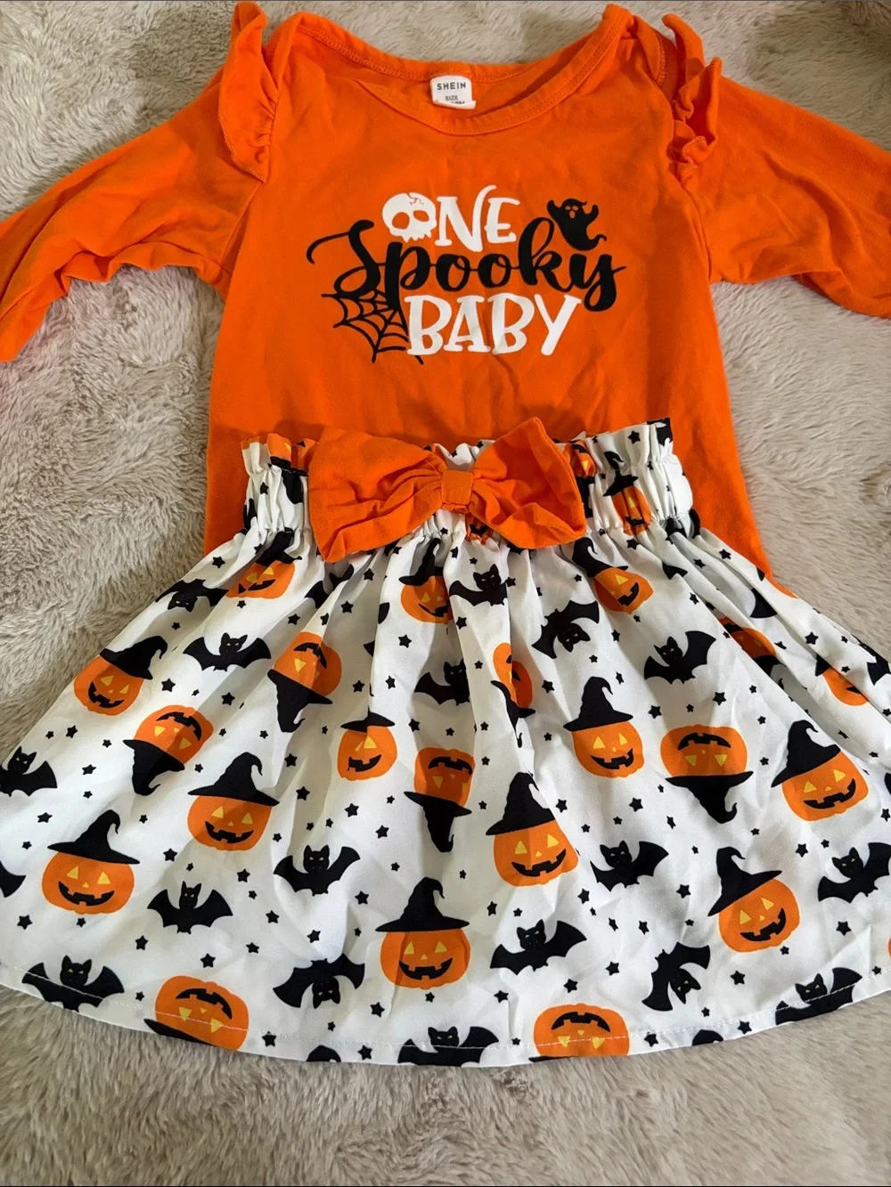 SHEIN Orange Halloween Pumpkin & Bat Dress with Bow